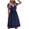 Bow Dress Women  V-Neck Short Sleeve midi Dresses ladies sexy large size Summer solid High waist Dress vestidos mujer