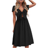 Bow Dress Women  V-Neck Short Sleeve midi Dresses ladies sexy large size Summer solid High waist Dress vestidos mujer