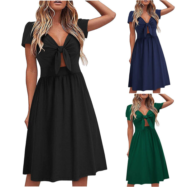 Bow Dress Women  V-Neck Short Sleeve midi Dresses ladies sexy large size Summer solid High waist Dress vestidos mujer