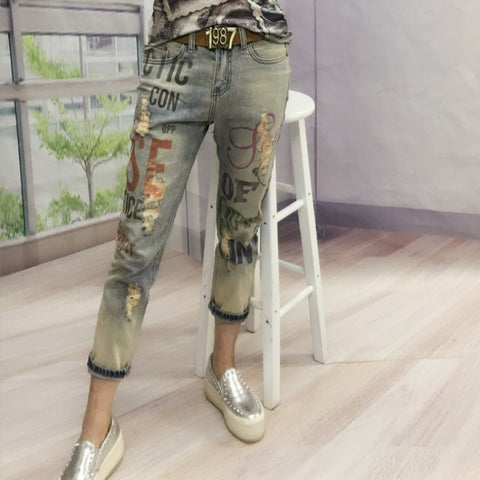 Boyfriend Casual Women Fashion letters printed Bronzing Jeans Lady Fashion Hole Pencil Denim Pants Woman Skinny Ripped Trousers