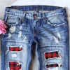 Boyfriend Jeans For Women Cargo Wide Leg Pants Women Ripped Hole Plaid Patch Patchwork Long Jeans Denim Pants Trousers
