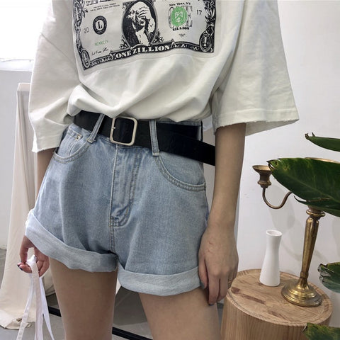 Boyfriend Jeans Women Streetwear Shorts Jeans With Belt Retro Pantalones Mujer Fashion Cuffs Wide Leg Pants Denim Short