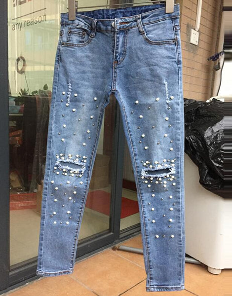 Boyfriend Jeans for Women New Fashion Mom Bead Diamond Burr Holes Jeans Female Mid Waist Denim Ripped Jeans Femme Pants