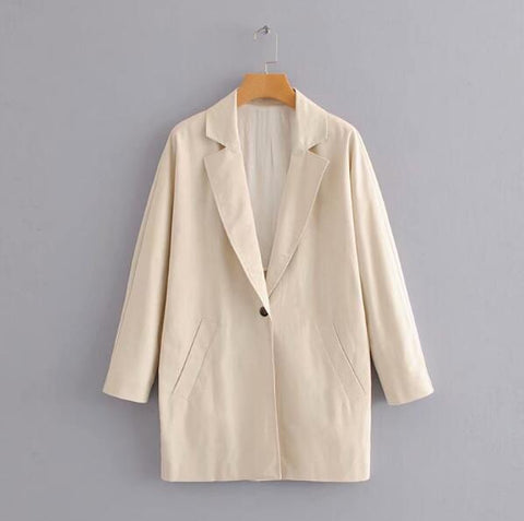 Boyfriend Notched Collar Mid Long cotton Linen Blazer 2022 Autumn Woman Beige One Button Loose Casual Suit Jacket Coat Outerwear