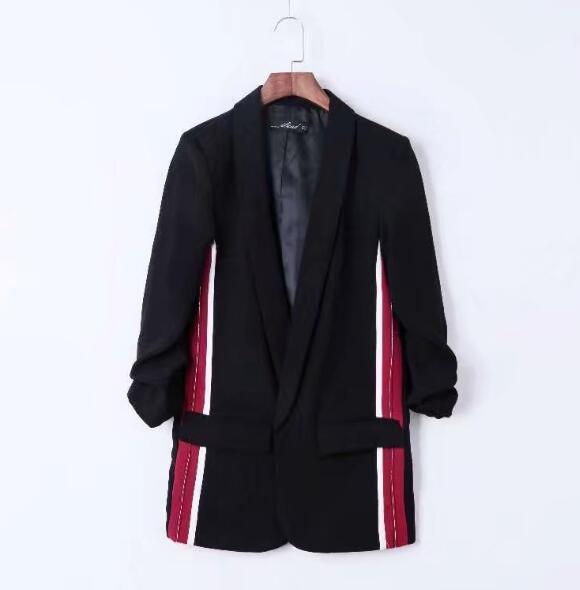 Boyfriend Notched Collar Spliced Striped Mid Long Blazer 2022 Autumn Woman Ruched Cuff Casual Suit Jacket Coat Outerwear Black