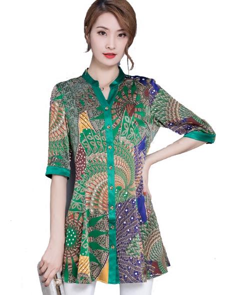 Brand High Quality Ladies Pattern Luxury Silk Shirts V Neck Soft Shirt Tunics Wonderful Feeling Office Blouse For Women 4XL