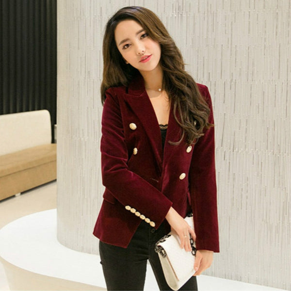 Brand Spring Autumn Women Wine Black Slim Velvet Blazer Jacket Double Breasted Simple Lady Blazers OL Clothing