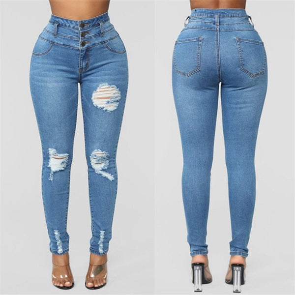Brand Womens Juniors Ripped High Waist Long Pants Jeans Butt Lift 3 Button Slim Fit Skinny Denim Pants with Ripped Holes