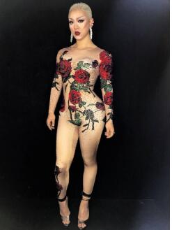 Bright Crystals Rose Flower Jumpsuit Women Sexy Outfit Party Costumes Stage Wear BodySuit Dance Singer RhinestoneS Rompers