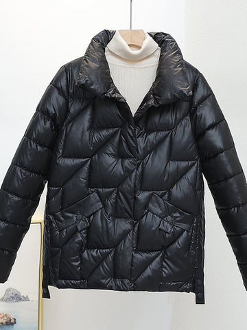 Bright Winter Padded Jacket Women Casual Hooded Down Coat Korean Loose Outerwear Glossy Zip Solid Warm Coat With Pockets