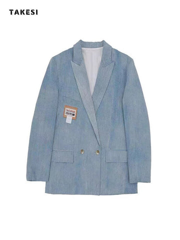 British Style Cowboy Blazer For Women Notched Long Sleeve Pockets Casual Denim Coats Female Outerwear Chic Tops 2023 Autumn