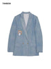 British Style Cowboy Blazer For Women Notched Long Sleeve Pockets Casual Denim Coats Female Outerwear Chic Tops 2023 Autumn