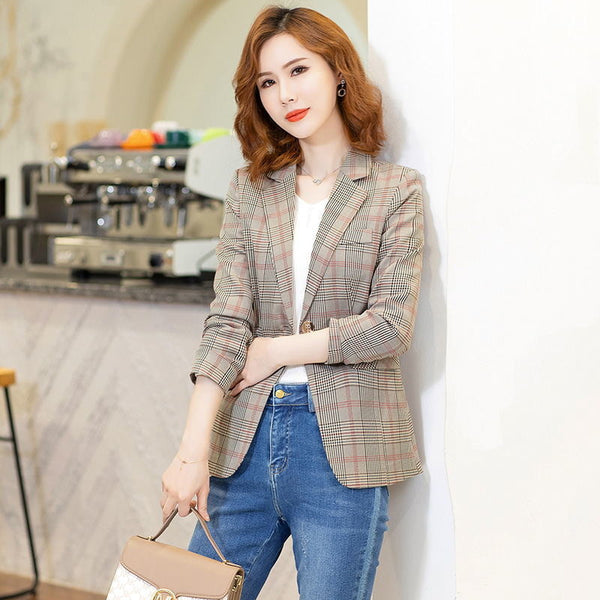 British Style Slim Women Plaid Blazers Preppy Style Vintage Casual 2023 Loose Single Breasted Jacket Women All-match Blazers