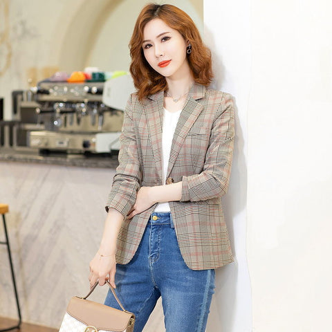 British Style Slim Women Plaid Blazers Preppy Style Vintage Casual 2023 Loose Single Breasted Jacket Women All-match Blazers