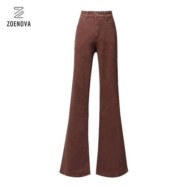 Brown Flared Jeans For Women 2022 High Street Y2k Trousers Low Waist Elasticity Cotton Blue Elegant Ladies Casual Pants