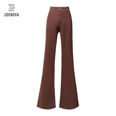 Brown Flared Jeans For Women 2022 High Street Y2k Trousers Low Waist Elasticity Cotton Blue Elegant Ladies Casual Pants