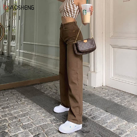 Brown Jeans Women High Waist Mom Baggy Jeans 2022 Loose Jeans Straight Pants Long Streetwear Y2k Denim Trousers
