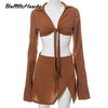 Brown Sexy Tie Front Top and Skirt Sets Women Outfits Fall Matching Set Split Skirt Club Party Clothes