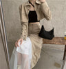 Brown Short Button Jacket And High Waist Mesh Skirt Two-Piece Suit Blazer Patchwork Asymmetric Cargo Skirt Spring Sets