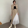 Brown Short Button Jacket And High Waist Mesh Skirt Two-Piece Suit Blazer Patchwork Asymmetric Cargo Skirt Spring Sets