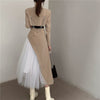 Brown Short Button Jacket And High Waist Mesh Skirt Two-Piece Suit Blazer Patchwork Asymmetric Cargo Skirt Spring Sets