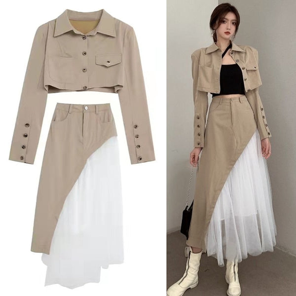 Brown Short Button Jacket And High Waist Mesh Skirt Two-Piece Suit Blazer Patchwork Asymmetric Cargo Skirt Spring Sets