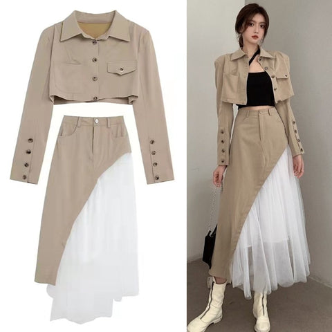 Brown Short Button Jacket And High Waist Mesh Skirt Two-Piece Suit Blazer Patchwork Asymmetric Cargo Skirt Spring Sets