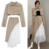 Brown Short Button Jacket And High Waist Mesh Skirt Two-Piece Suit Blazer Patchwork Asymmetric Cargo Skirt Spring Sets