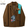 Brown Women's Blazer Spring Long Sleeve Streetwear Patchwork Chic Design Casual Baggy Office Ladies TOPs Jackets Coat