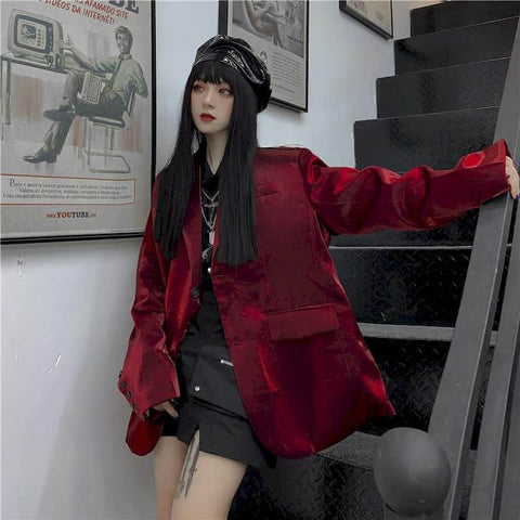 Blazer Women Top Crimson Bright Silk Suit Female Korean Style Personality Western Fashionable Net Red Top Loose Jacket