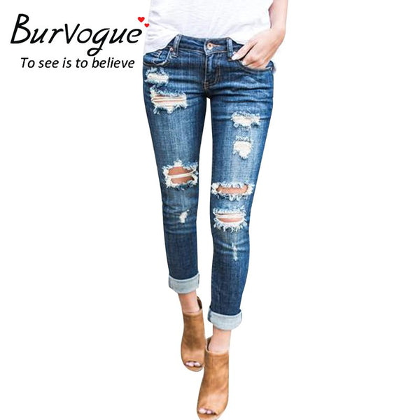 Fashion Low Waist Distressed Jeans New Ladies Cotton Denim Pants Stretch Womens Ripped Skinny Denim Jeans Trousers