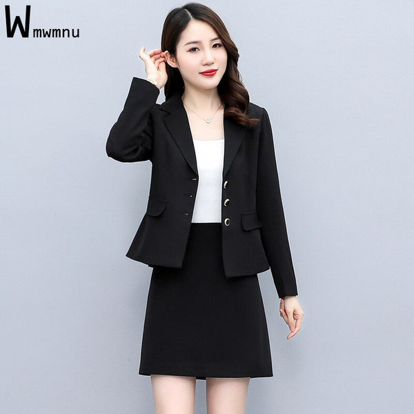 Business Blazer Two Piece Set Office Lady Solid Long Sleeve Suit Coat and Mini A-line Skirt Casual Elegant Oversized 4xl Outfit