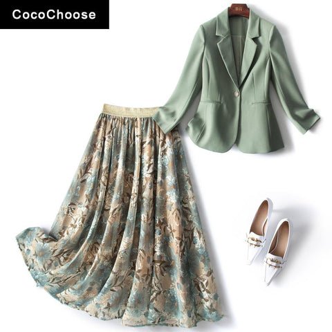 Business Dress Sets Women 2 Piece Outfits 2023 Elegant One Button Spring Jacket + Floral Lurex Mesh Gauze Skirt Blazer Suits