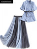 Business Women Blazer Dress Suit Summer Short Sleeve Belted Double Breaste Jacket With Skirt 2 Piece Set Office Outfits
