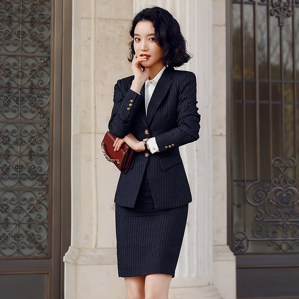 Business Women's Formal Wear  Female Suit Skirt Two-piece Autumn and Winter Striped Ladies Jacket Slim-fit Skirt