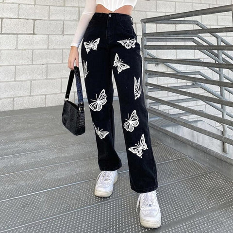 Butterfly Print Black Denim Pants Women Jeans For Girls Female 2022 Vintage Long High Waisted Trouser Harajuku Capri New
