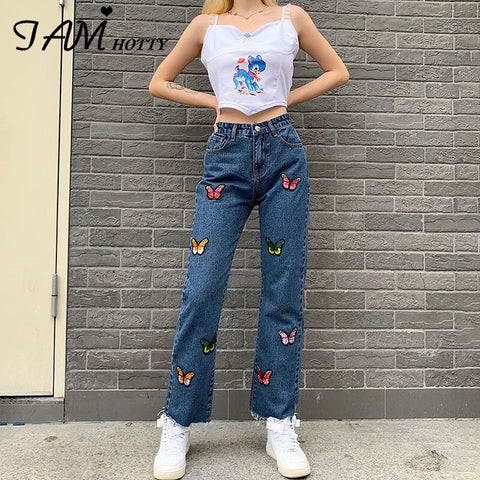 Butterfly Printed Harajuku Girls Jeans Women Straight Aesthetic Street Style Baggy High Waist Pants 2022 Iamhotty