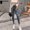 Button Fly Women Jeans High Waist Denim Pants Women High Elastic Skinny Pants Ripped Hole Stretchy Women Trousers