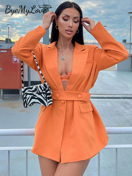 ByeMyLove Blazer Jacket Female Spring 2023 Solid Color Design Lady Women Crop Blazer With Belt Orange Outwear Casual