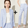 Women blazer pant suits office lady linen female jacket slim light blue work wear uniform costume