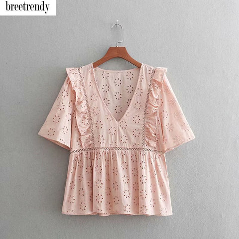 C876 Women blouse v neck sweet ruffed eyelet hollow out embroidery pink cotton blouse ladies pullovers shirts blusas tops