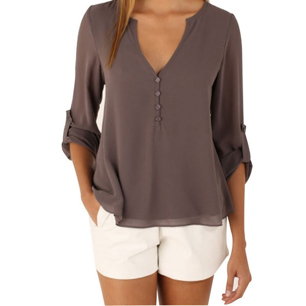 New Autumn Women V Neck Button Long Sleeve Ladies Tops Chiffon Shirts Solid Elegant Casual Top Blouse Plus Size 5XL