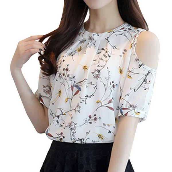 Plus Size Chiffon Blouse Shirts Women Summer Cold Shoulder Floral Print Tops Elegant Ladies Korea Blouses Blusas New