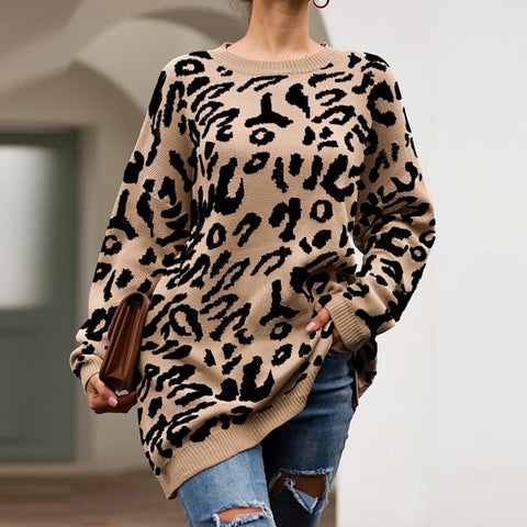CALOFE 2019 Woman Leopard Knitted Sweater Winter Print Long Sleeve Female Pullovers Casual Sweater Loose Female Sweaters
