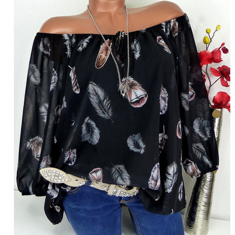 5XL Plus Size Feather Printed Women Blouses Fashion Femme Elegant Vintage Top Shirts Autumn Summer Loose Shirts For Lady