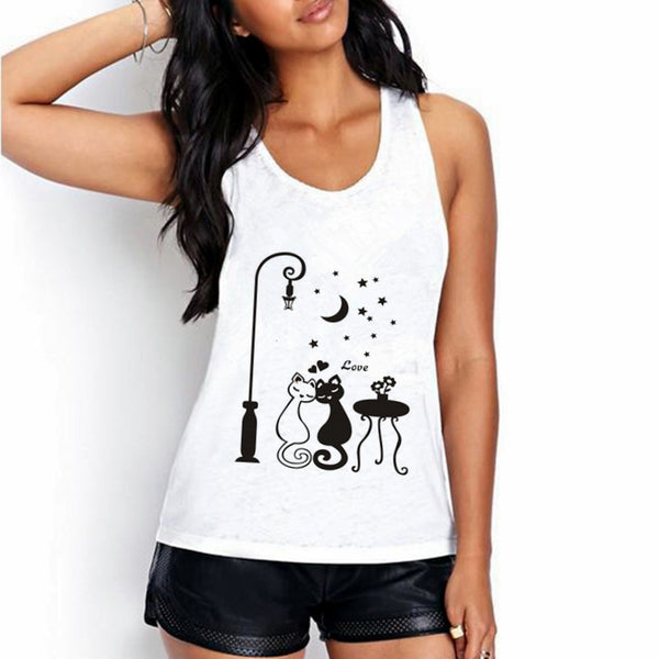 Summer Women Top Shirt Fashion Cat Kawaii Cartoon Harajuku Print Sleeveless O-neck Women White Tank Tops Shirt BX255
