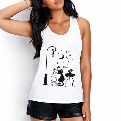 Summer Women Top Shirt Fashion Cat Kawaii Cartoon Harajuku Print Sleeveless O-neck Women White Tank Tops Shirt BX255