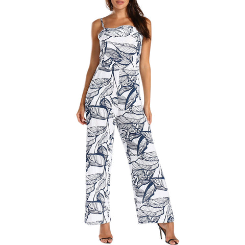 Summer Beach Rompers Womens Jumpsuit Casual Ladies Leaves Printing Sleeveless Long Playsuits Rompers