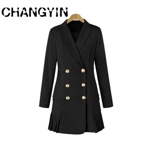 Elegant Pleated Suit Long Women Blazer 3XL Plus Size Office Lady Style Double Breasted Long Sleeves Lady Suit