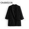 Women Elegant Pink Black Blue Green Blazer Three quarter Sleeve Pockets Notched Collar Outerwear Office Casual Tops